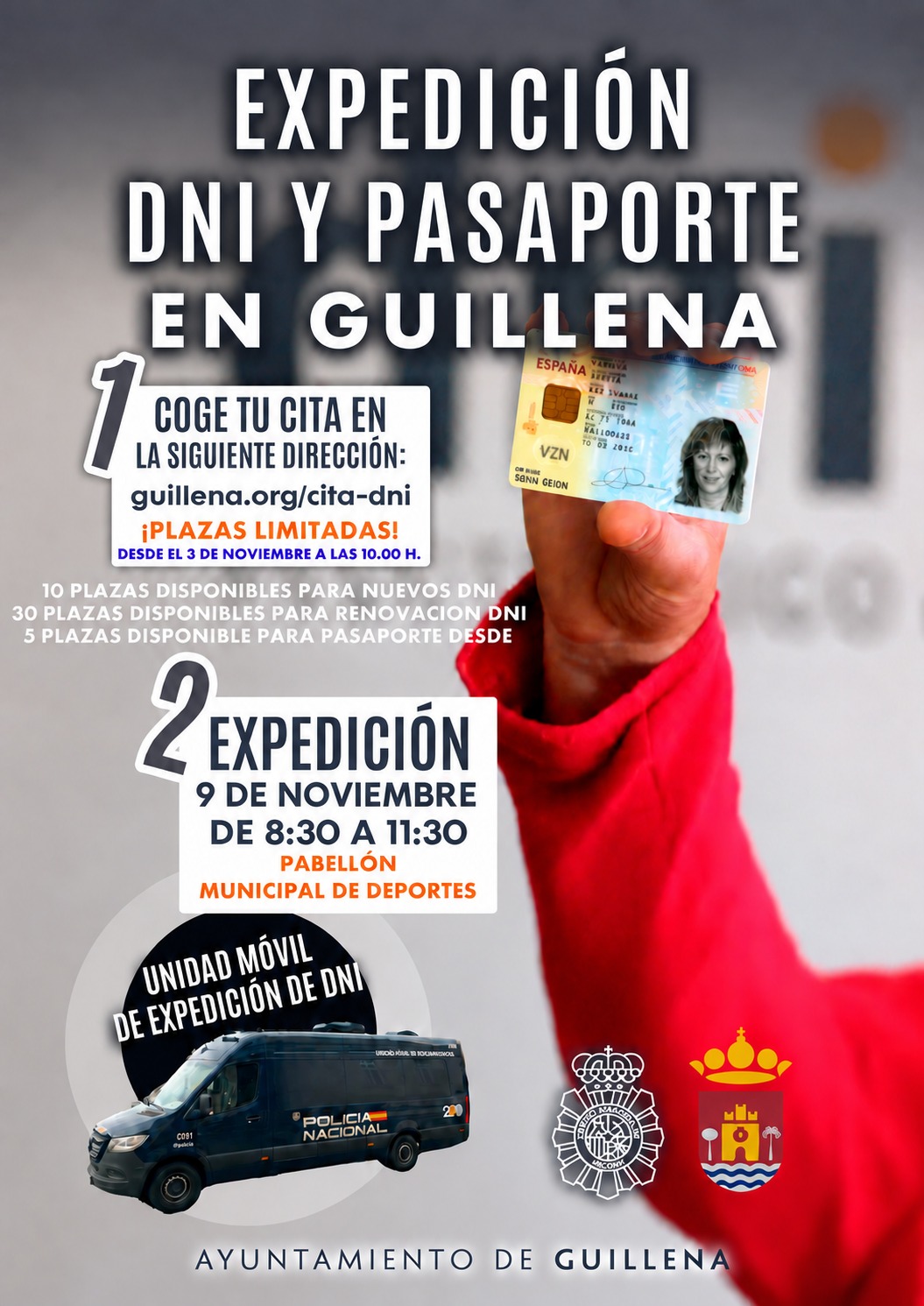 Cartel sobre la expedición de DNI y pasaporte en Guillena, con una mano sosteniendo un DNI y una furgoneta de la Policía Nacional.