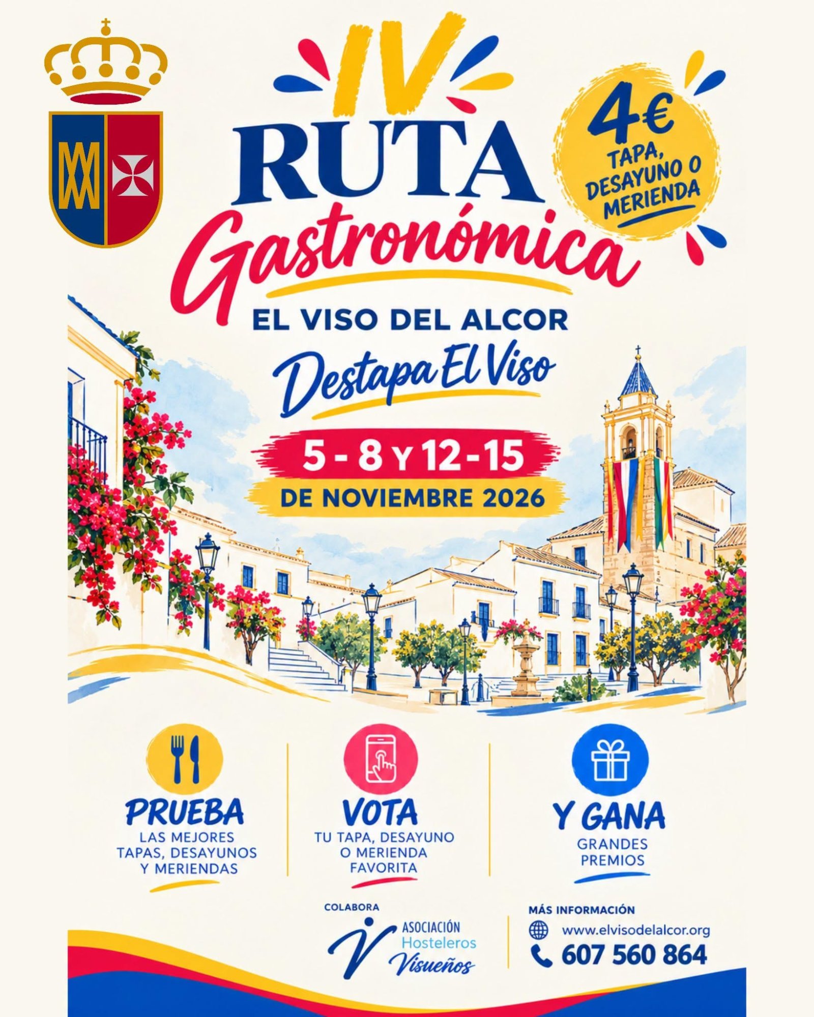 Cartel de la IV Ruta Gastronómica de El Viso del Alcor, con escudo, ilustración de una plaza con iglesia y textos de tapas a 4 €.