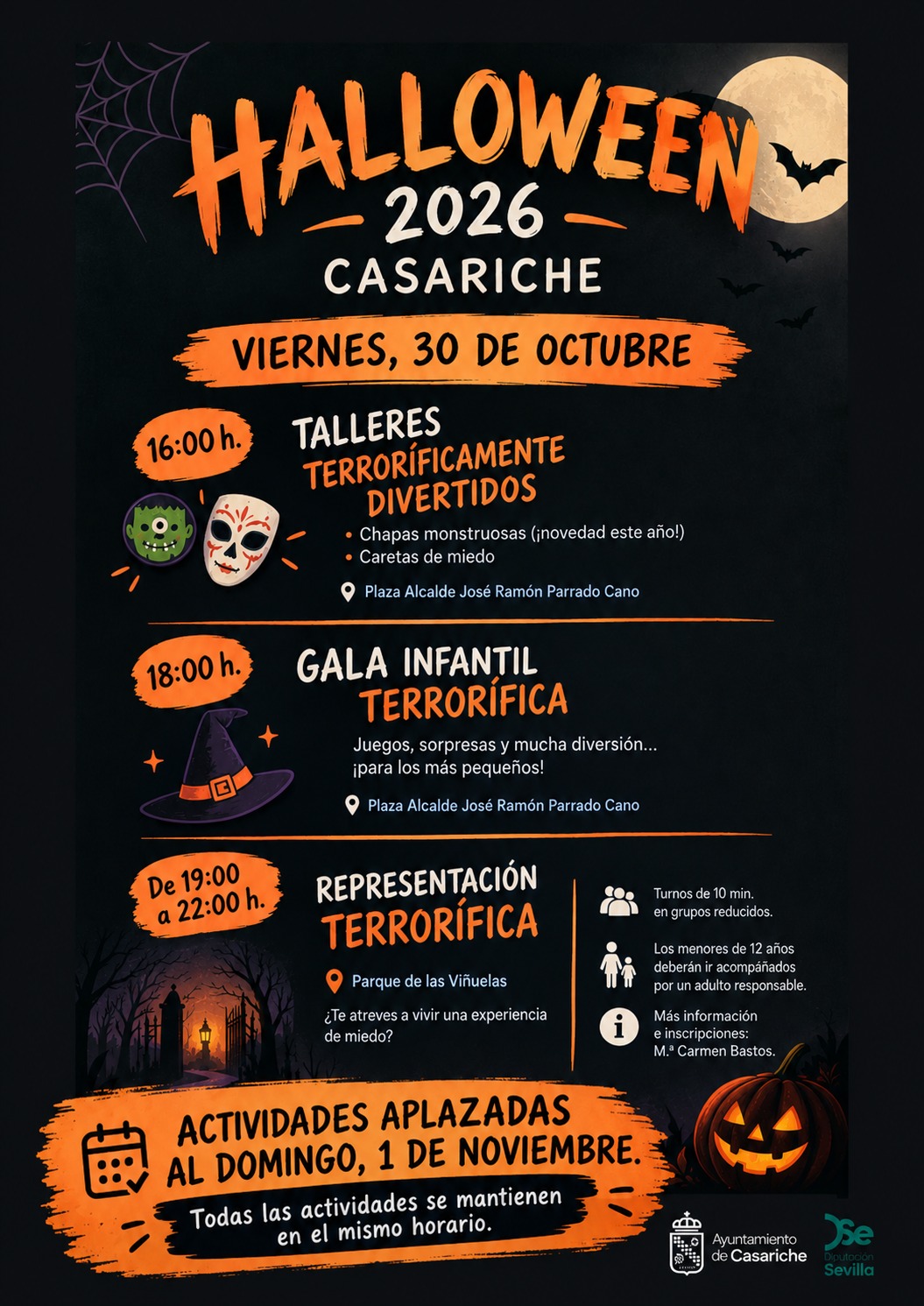 Cartel de Halloween 2026 en Casariche con talleres, gala infantil y representación terrorífica, y aviso de aplazamiento al 1 de noviembre.