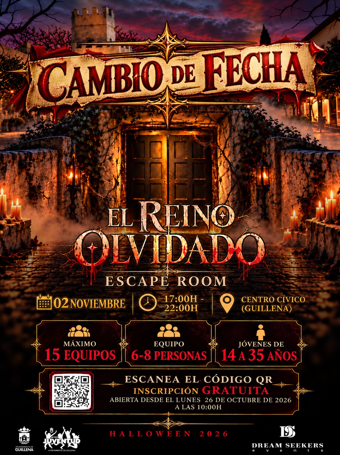 Cartel de un escape room de Halloween con puerta iluminada por velas, título y datos de fecha, horario e inscripción.