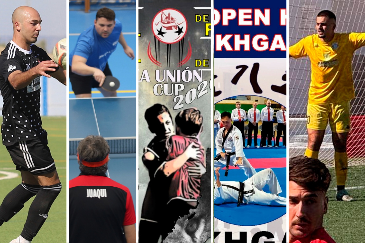 Collage de cinco viñetas verticales con deportistas: un jugador de fútbol, tenis de mesa, un cartel de La Unión Cup y una exhibición de artes marciales.