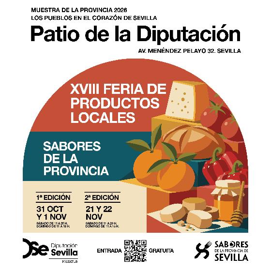 Cartel de la XVIII Feria de Productos Locales con naranjas, pan, queso, tomates y miel sobre fondo rojo y azul.