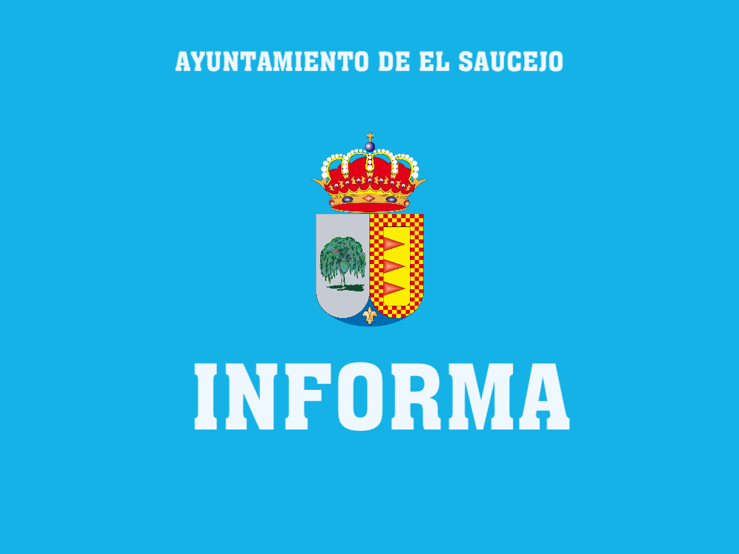 Fondo azul con el texto AYUNTAMIENTO DE EL SAUCEJO, un escudo coronado con un árbol y la palabra INFORMA debajo.