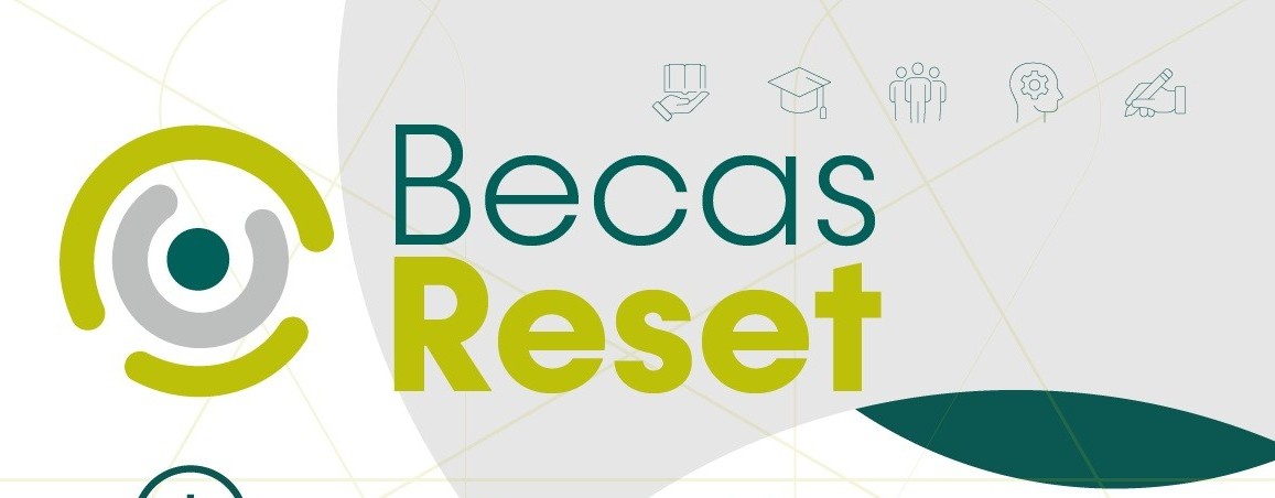 Cartel con el texto Becas Reset, un símbolo circular verde y gris a la izquierda y pequeños iconos educativos arriba.