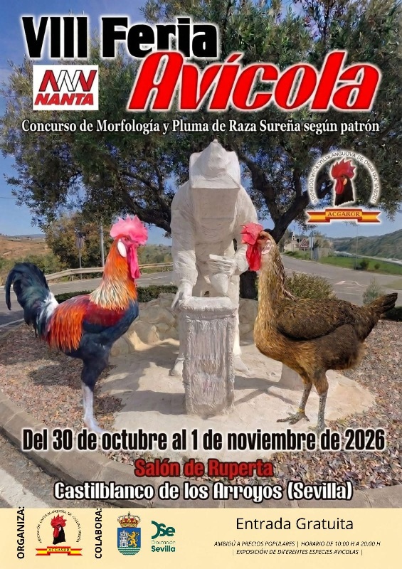 Cartel de la VIII Feria Avícola con un gallo y una gallina junto a una escultura de piedra.