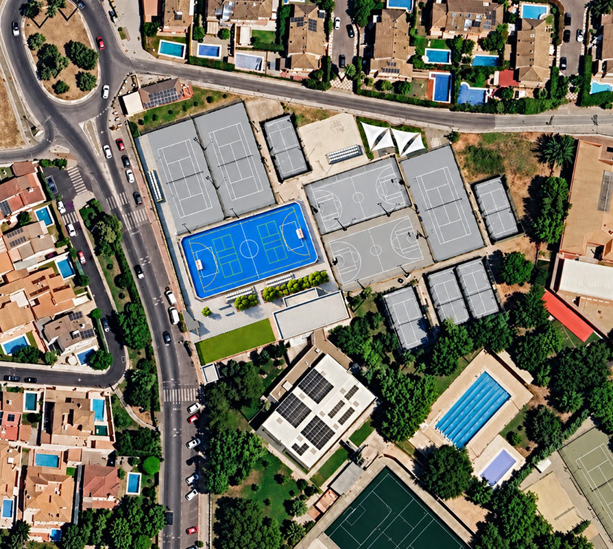 Vista aérea de un complejo deportivo con varias pistas de tenis y baloncesto, una cancha azul de fútbol sala y edificios y chalets alrededor.