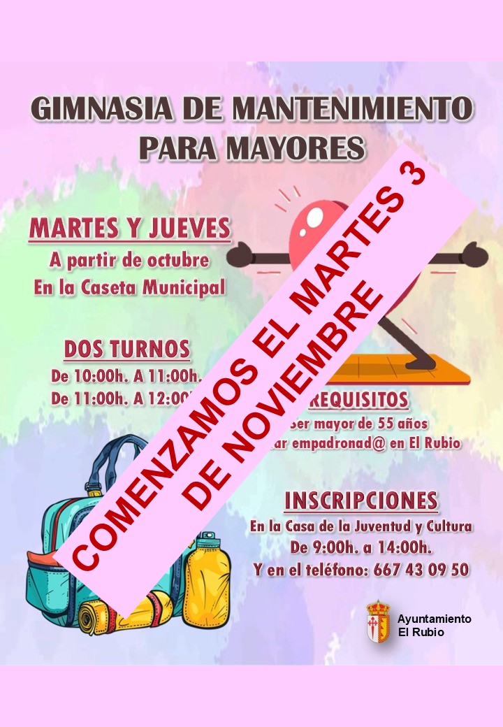 Cartel de gimnasia de mantenimiento para mayores con horarios, requisitos e inscripciones y una banda rosa.