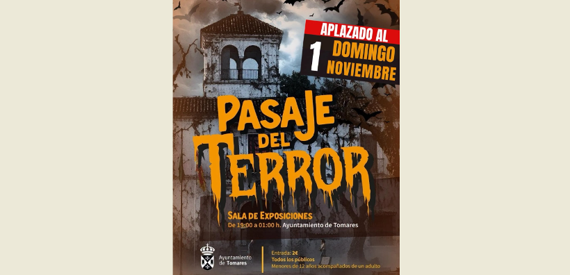 Cartel del Pasaje del Terror con un edificio antiguo, murciélagos y el texto de aplazamiento al domingo 1 de noviembre.