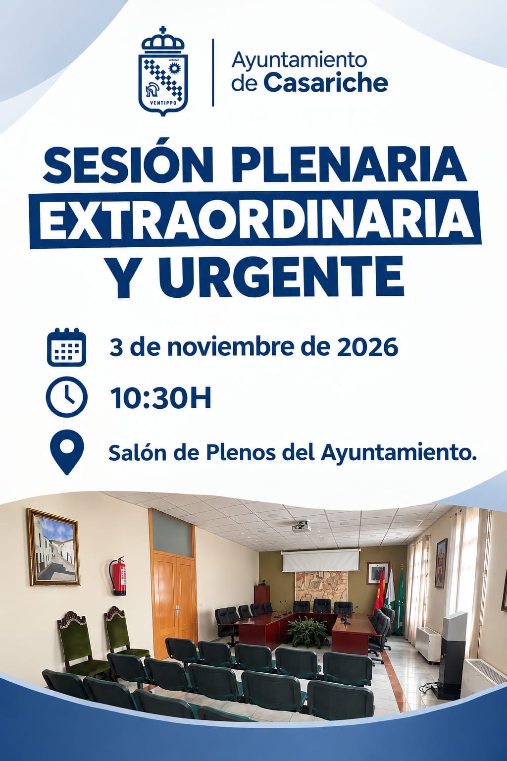 Cartel del Ayuntamiento de Casariche sobre una sesión plenaria extraordinaria y urgente, con una sala de plenos al fondo.